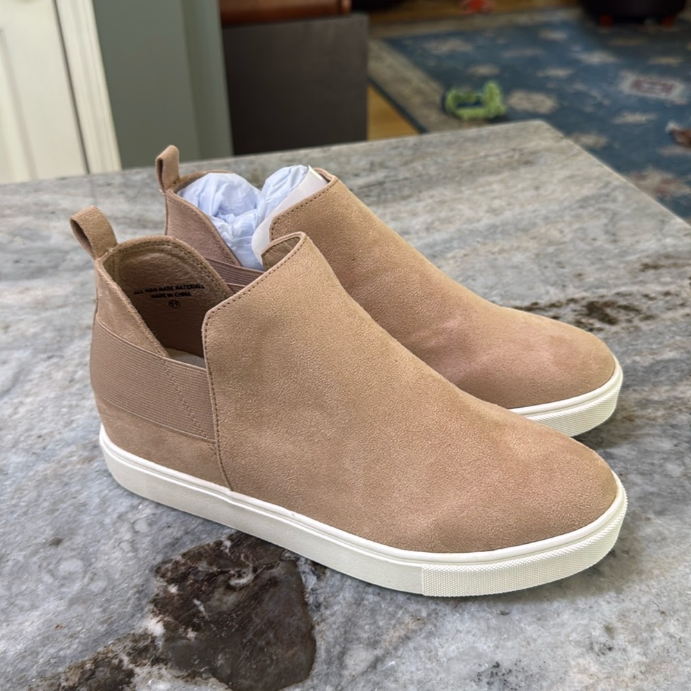 SODA tan faux suede sneaker bootie